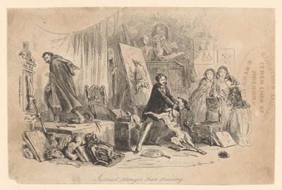 In his studio, Henry Gowan restrains his dog, which has just recognized the criminal Rigaud by Hablot Knight Browne