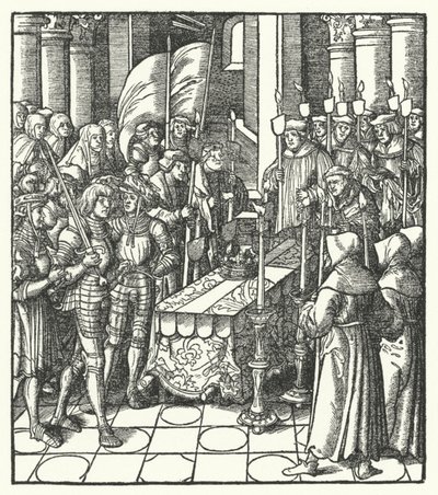 King Louis XII of France beside the coffin of his predecessor, King Charles VIII by Hans (after) Burgkmair