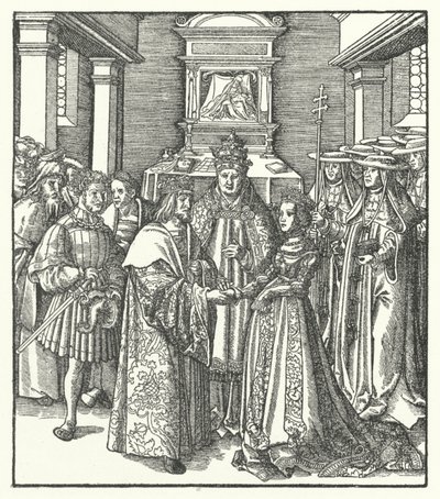 Pope Nicholas V presiding over the marriage of the Holy Roman Emperor Frederick III and Eleanor of Portugal in Rome by Hans (after) Burgkmair
