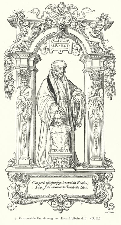 Portrait of Dutch Renaissance Humanist scholar Desiderius Erasmus with ornamental frame by Hans (after) Holbein the Younger