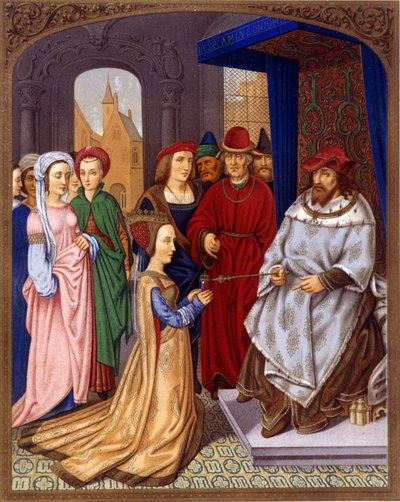 The Queen of Sheba before Solomon - Miniature of the breviary of Cardinal Grimani attributed to Memling, Biblioteca Marciana, Venice. 15th century by Hans (attr.to) Memling