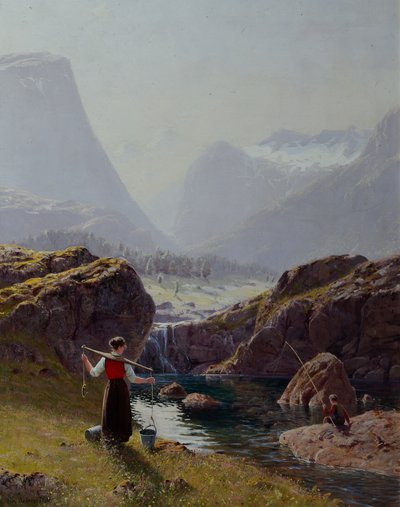 Girl with Buckets of Water and Boy Fishing by Hans Andreas Dahl