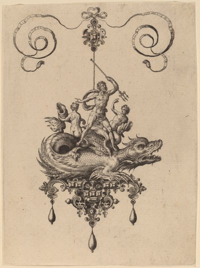 Design for a Pendant with a Sea-Monster Carrying Neptune Flanked by Two Figures by Hans Collaert the Elder