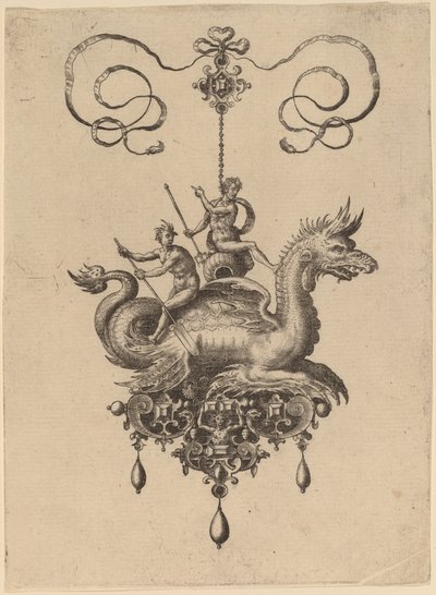 Design for a Pendant with a Sea-Monster Carrying Neptune on an Urn Flanked by a River-God with an Oar by Hans Collaert the Elder