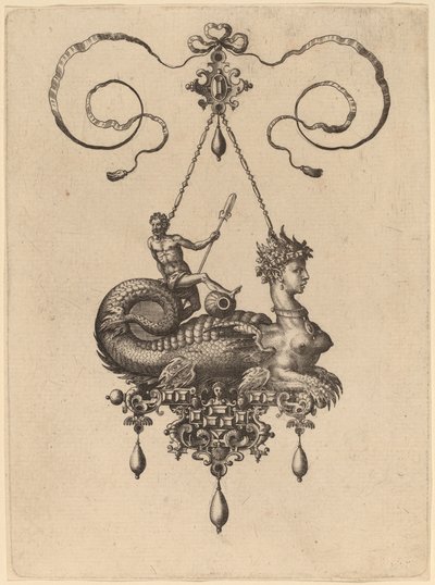Design for a Pendant with a Sphinx with the Body of a Fish Carrying a Man with an Oar by Hans Collaert the Elder