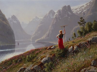 Girl with a Rake in Fjord Landscape by Hans Dahl
