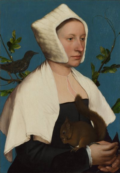 A Lady with a Squirrel and a Starling (Anne Lovell?) by Hans Holbein the Younger
