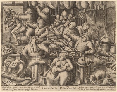 The Fat Kitchen by Hans Liefrinck I, after Pieter van der Heyden, after Pieter Bruegel the Elder