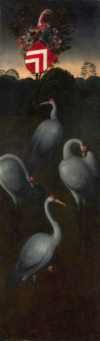 Cranes with the coat of arms of the Pagagnotti family The reverse of a Panel from a Triptych by Hans Memling