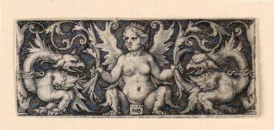 Frieze with Winged Female Figure and Two Grotesque Roosters by Hans Sebald Beham