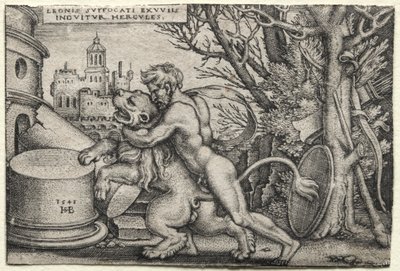 The Labors of Hercules: Hercules Strangling the Nemean Lion by Hans Sebald Beham