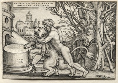 The Labors of Hercules: Hercules Strangling the Nemean Lion by Hans Sebald Beham