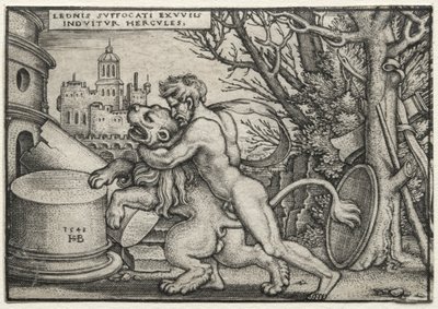 The Labors of Hercules: Hercules Strangling the Nemean Lion by Hans Sebald Beham
