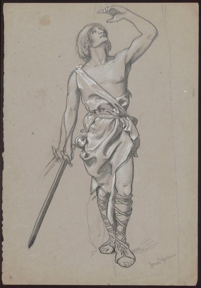Man in Robe with Exposed Torso, Hunting Horn at Side and Sword in Right Hand by Hans Thoma