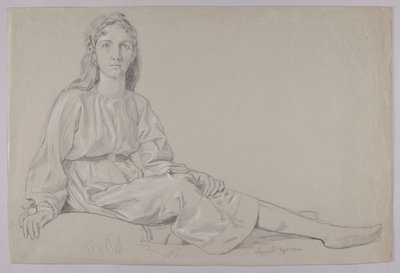Young Woman in a Tunic, Sitting on the Grass by Hans Thoma