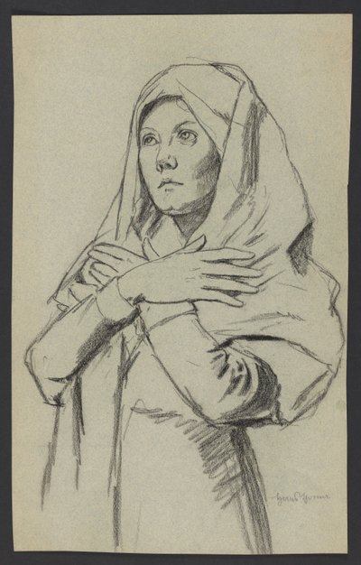 Study of a Young Woman in a Long Shawl, with Arms Crossed on Her Chest by Hans Thoma