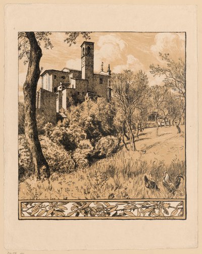 View of St. Nicholas the Wonderworker Church on the Hill in Gardone Riviera by Lake Garda, Lombardy with Olive Branch Motif Border by Hans Thoma