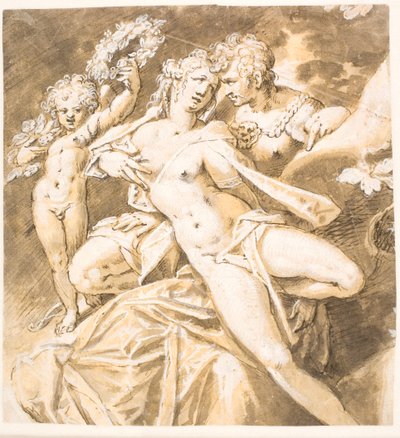 Mars Caressing Venus; Cupid Offering a Wreath to Her by Hans von Aachen