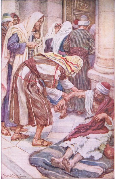 Peter and Jacob at the Beautiful Gate (Illustration from Pictures That Teach The Crown Series, 1920) by Harold Copping