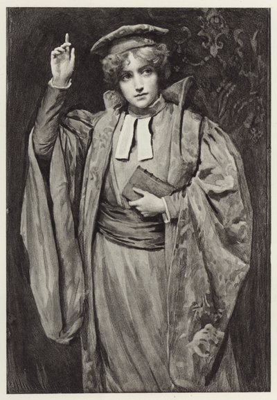 She spoke so sweetly of the noble quality of mercy by Harold Copping