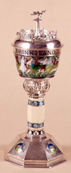 Loving cup and cover, applied ornament with ivory stem, c.1905-09 by Harold Stabler