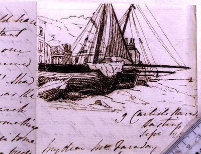 Vignette of Fishing Boats at Hastings, a Sketch in a Letter to Michael Faraday by Harriet Jane Moore