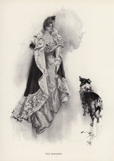 A young woman going out for the evening and bidding her dog to obey instructions by Harrison Fisher