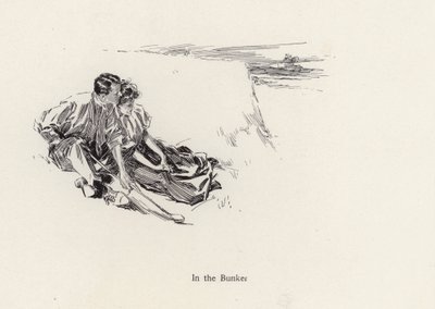 Couple in a romantic embrace in a bunker at the golf course by Harrison Fisher