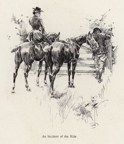 Horse riders pausing to open a gate by Harrison Fisher