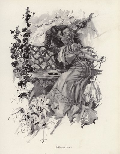 Man kissing a woman in a garden by Harrison Fisher