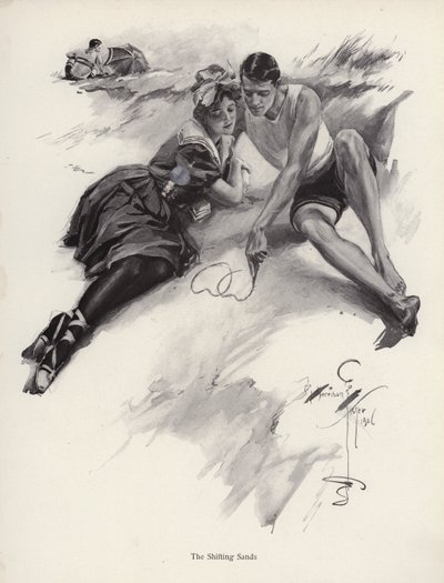 Two lovers drawing hearts in the sand at the beach by Harrison Fisher