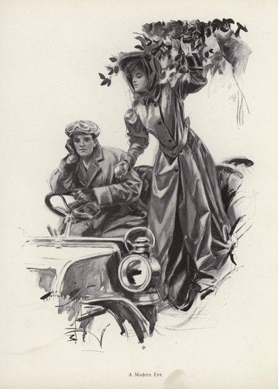 Woman picking apples from inside a car by Harrison Fisher
