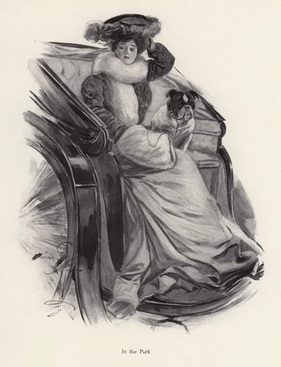 Woman sitting in a carriage with her dog by Harrison Fisher