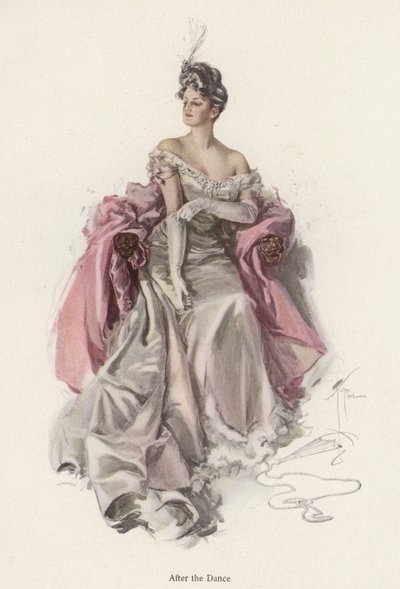 Woman wearing an evening gown after the dance by Harrison Fisher