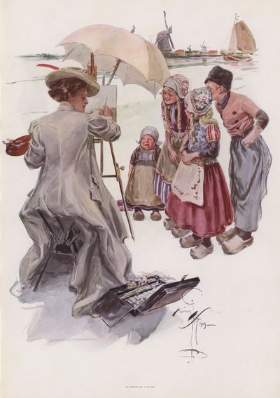 Young American Woman Painting a Dutch Scene by Harrison Fisher