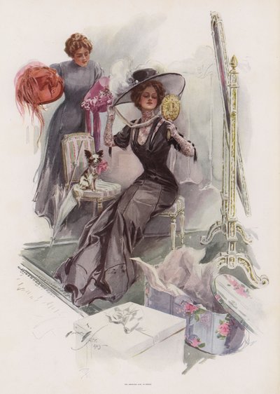 Young American Woman Trying on Hats at a French Milliners by Harrison Fisher