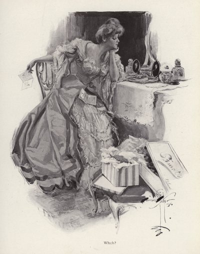 Young woman deciding between two suitors by Harrison Fisher