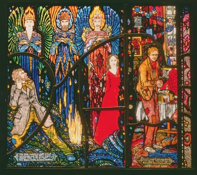 Detail from the Geneva Window depicting The Demi Gods by James Stephens and Juno and the Paycock by Sean OCasey by Harry Clarke