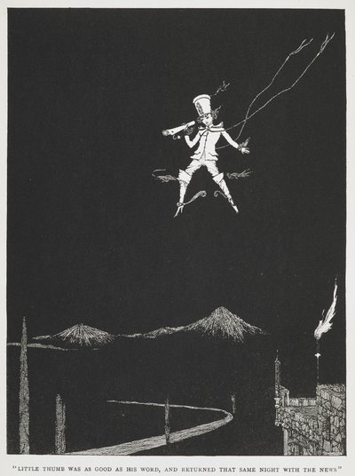 Little thumb was as good as his word, and returned that same night with the news. A messenger flying through the night sky. Illustration for the story, 