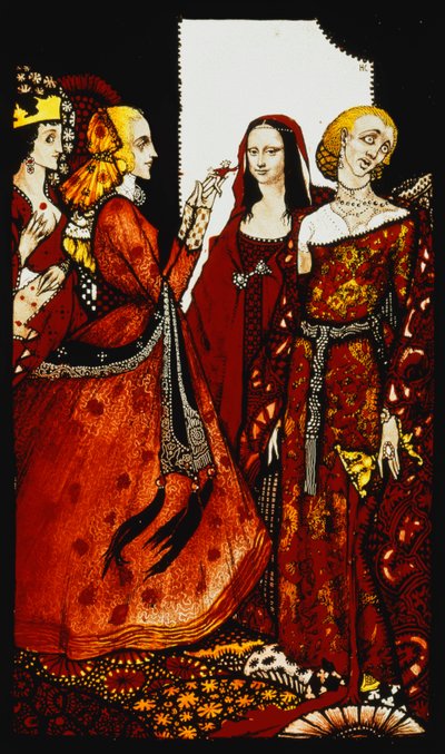 Queens whose finger once did stir men. Queens, nine glass panels acided, stained and painted, Illustrating J.M. Synge