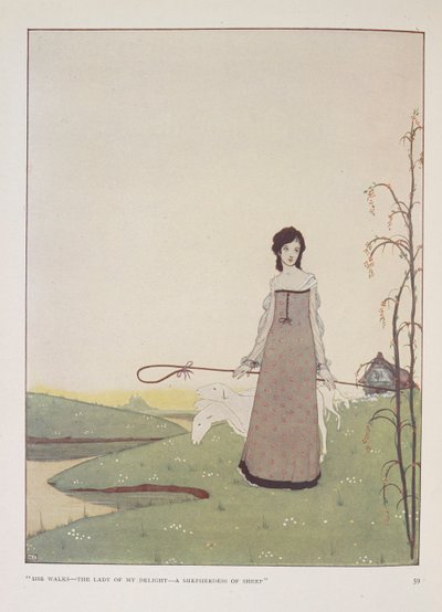 She walks- the lady of my delight- a shepherdess of sheep. Illustration for The shepherdess by Alice Meynell by Harry Clarke
