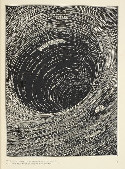 The boat appeared to be hanging, ... upon the interior surface of a funnel vast in circumference. Illustration for the story 