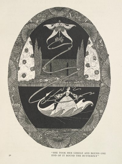 Thumbelina "She Took Her Girdle and Bound One End of It Round the Butterfly" by Harry Clarke