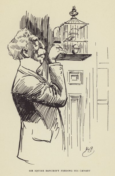 Sir Squire Bancroft feeding his canary by Harry Furniss