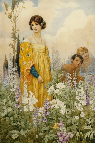 A Young Maiden with Pan and Cupid, in a Wild Garden by Harry George Theaker