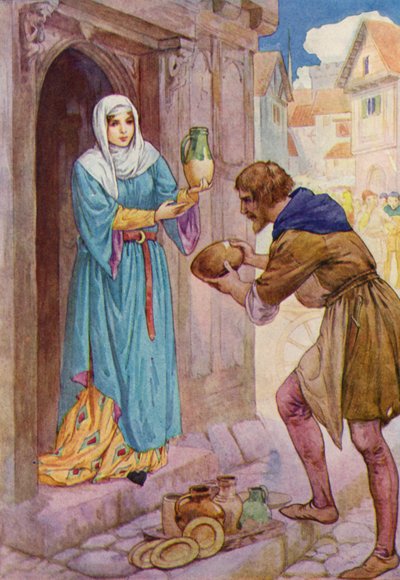 I bring these poor vessels as a present for Mistress de Rainault, said Robin to the serving woman by Harry George Theaker