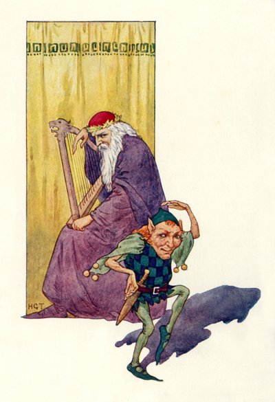 Minstrels and dwarfs entertain the king by Harry George Theaker