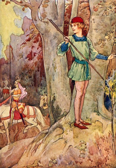 Perceval catching sight of three knights of the Round Table by Harry George Theaker