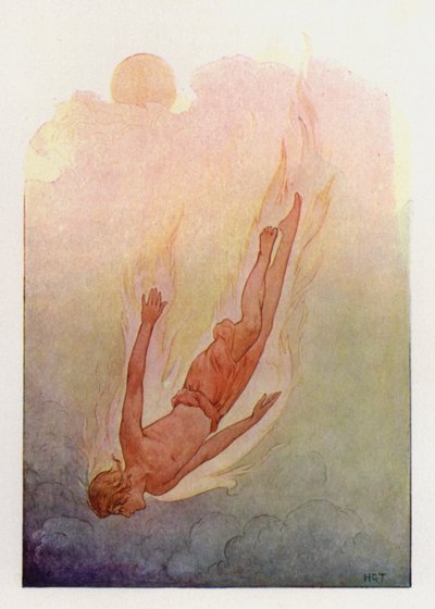 Phaeton with his hair in flames, falling into a deep cool river by Harry George Theaker