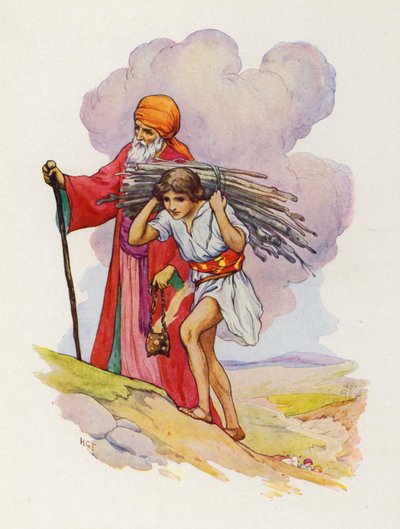 Side by side Abraham and Isaac climbed the steep path by Harry George Theaker